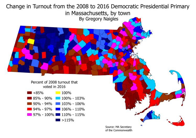 MA 16PrezPrimDem turnout change from 08PrezPrimDem